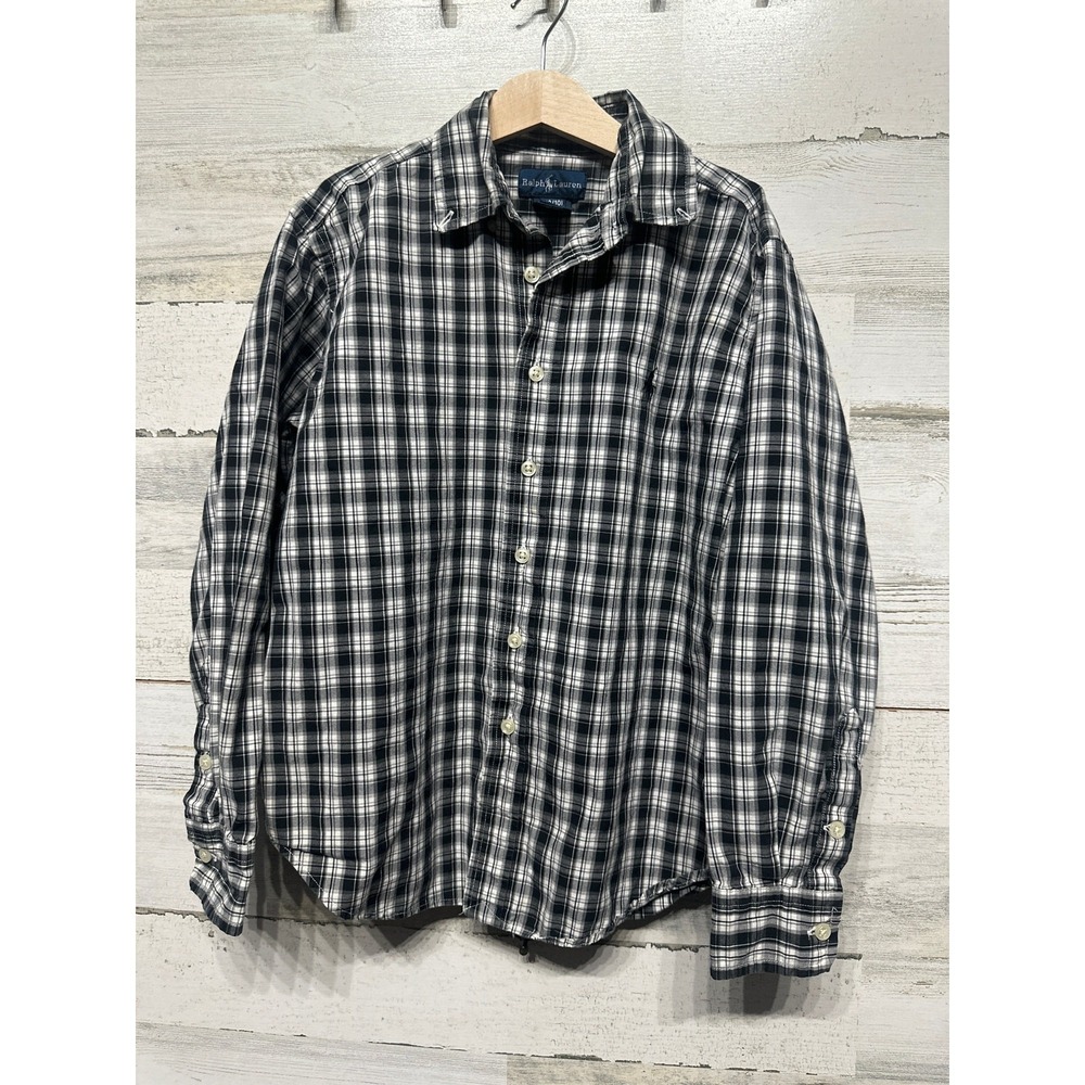 Ralph Lauren Button Down Kids Size 8/10 Black White Plaid Long Sleeve EUC